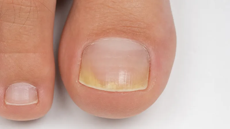 Nahaufnahme eines Zehennagels mit ersten Anzeichen von Nagelpilz